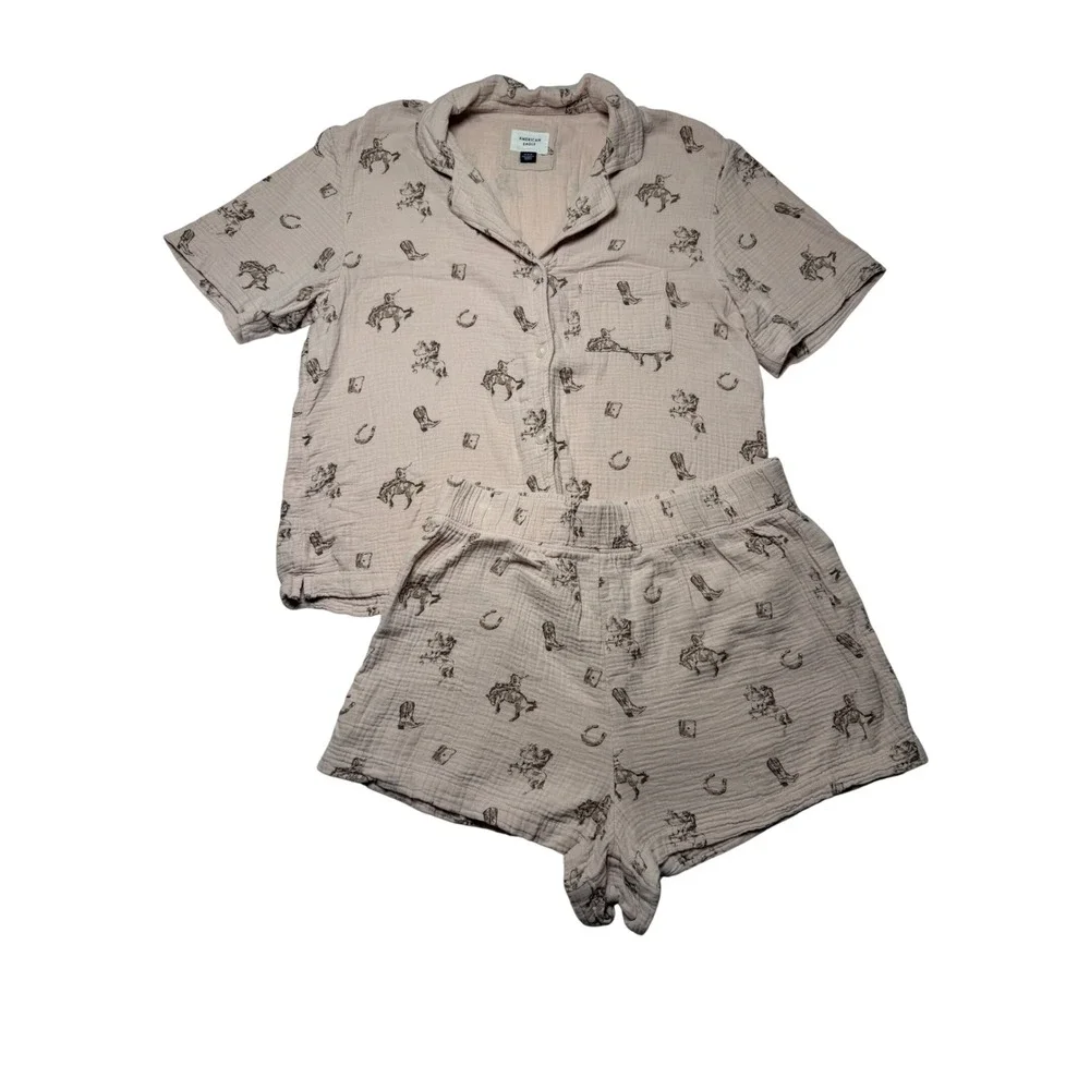 American Eagle Lounge Pink Cotton Gauze Western‎ Cowboy Pajama Set Womens Medium